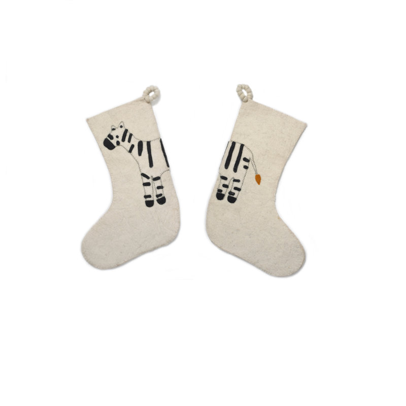 Hand Felted Wool Kids Christmas Stocking - Double Sided Zebra, Cream