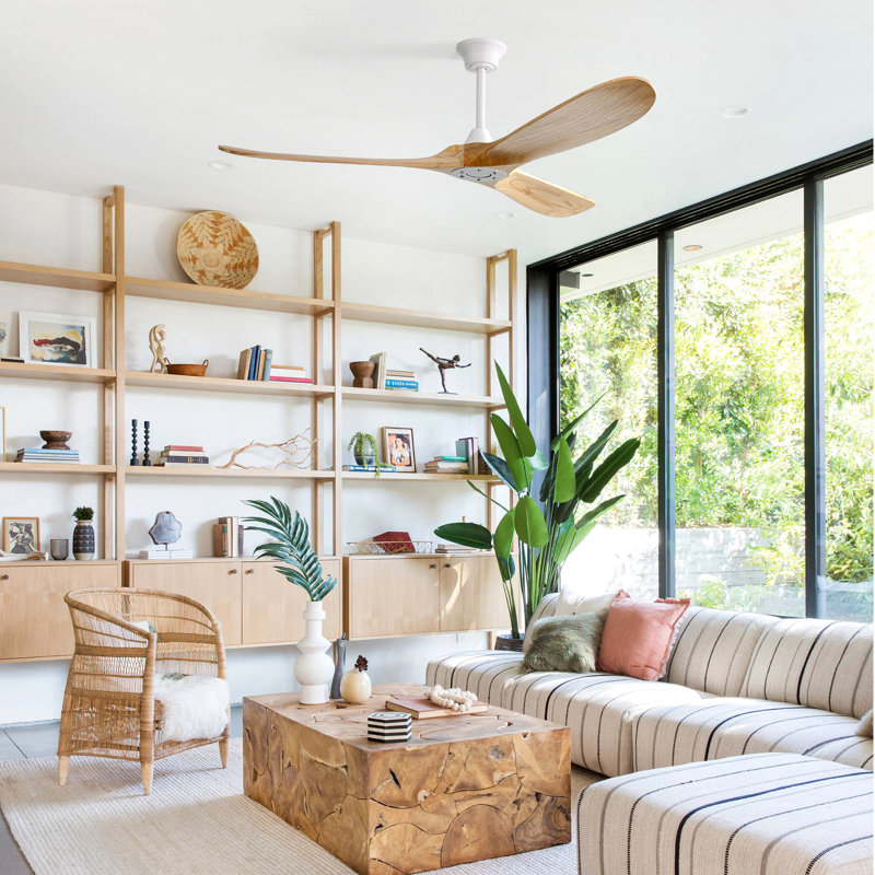 Kemp 60" 3-Solid Wood Blade Indoor/Outdoor Large Ceiling Fan With Remote,no light, White with Light Yellow Wood Blades