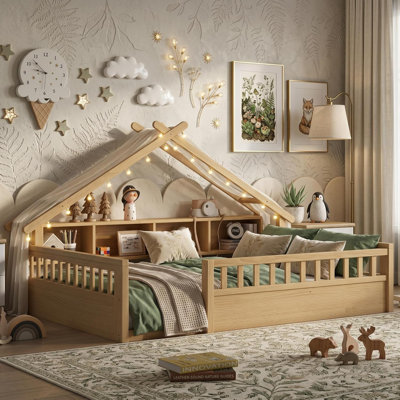 Full Size Floor Bed with Storage Bookshelves and Light, Wooden Montessori House Bed Frame with Roof Shape, High Safety Rails, Low Profile Kids Bed for Boys and Girls, No Box Spring Needed, Natural