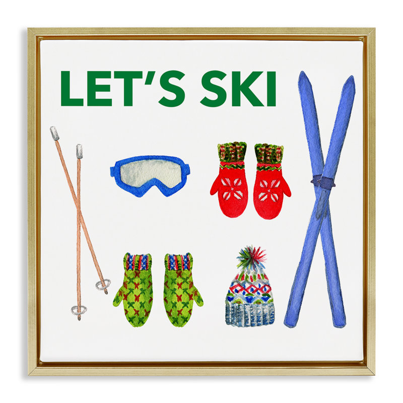 «Let's Ski on White» par Melissa Hyatt, Cadre flottant métallique doré, H 25 po x l 25 po