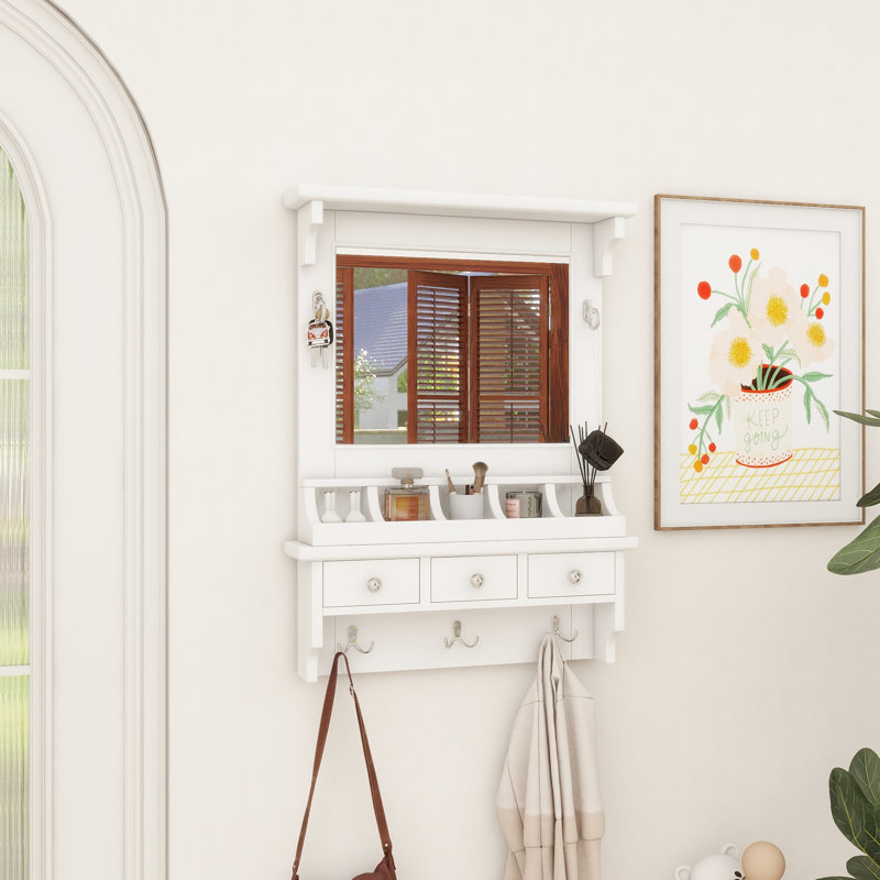 Floating Makeup Vanity With Big Mirror, Wall-Mounted Storage Vanity With Drawers, Pockets & Hooks, Space-Saving Decorative Home Organizer For Small Space, White