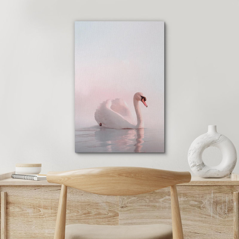 Oiseau, animaux, cygne élégant sur l'eau, coucher de soleil rose sur toile, H 36 po x l 24 po