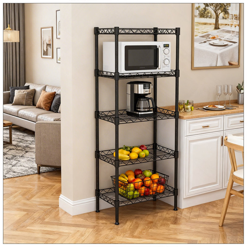 Étagère robuste en fil métallique réglable à 5 niveaux - Étagères de rangement robustes, support de rangement robuste et pratique pour la salle de lavage, la salle de bain, la cuisine et les petits espaces, couleur noire