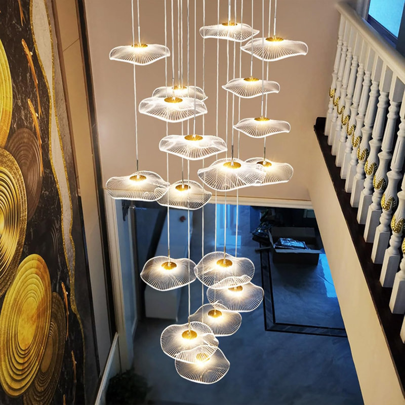 High Ceiling Chandelier - Dimmable Modern Gold Long Spiral Luxury Linear Lotus Leaf Led Lamp Hanging Pendant Lights For Foyer Enterway Staircase Villas