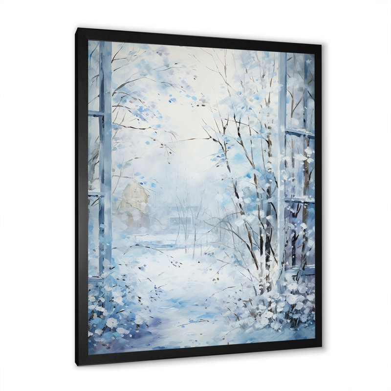 «White and Blue Winter Forest Collage I», art mural paysage d'hiver, Cadre simple noir, H 20 po x l 12 po x P 1 po