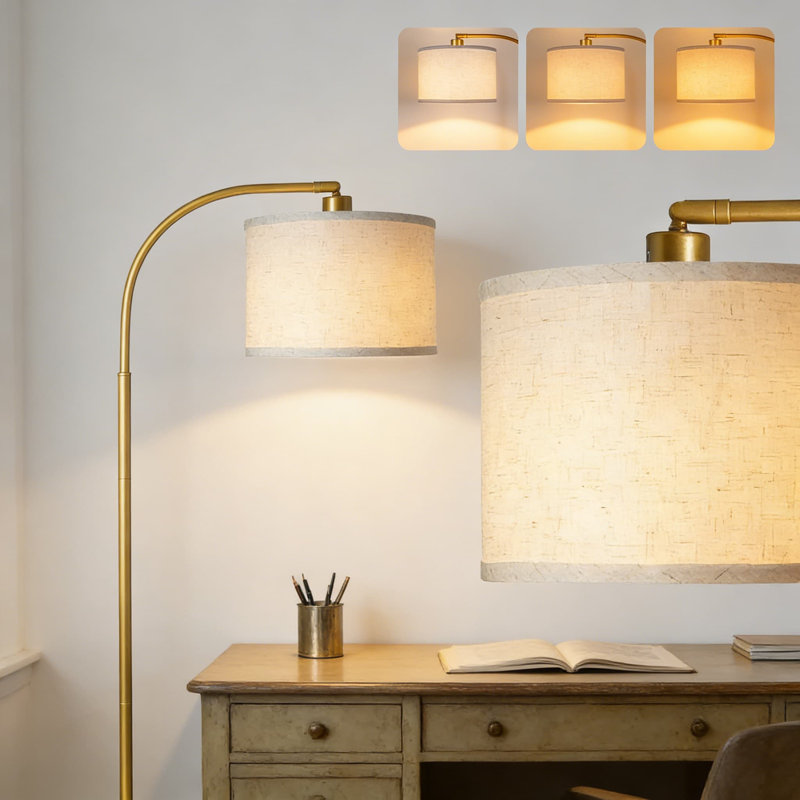 Modern Arc Floor Lamp With Remote Control, Dimmable Standing Lamp With Adjustable Linen Shade For Living Room, Bedroom, And Office