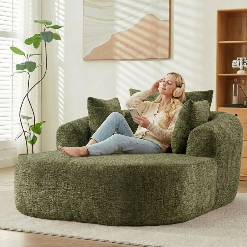 49.6" Olive Green Chenille Oversized Chaise Sofa Bed, No Assembly Required, with Armrests & Pillows, Olive Green