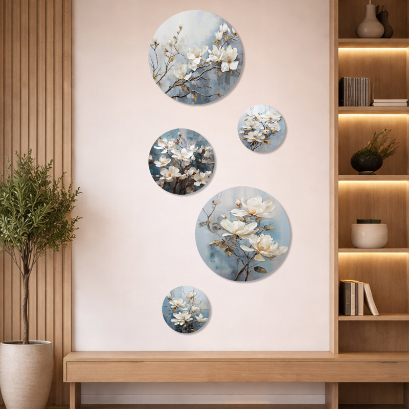 «Magnolias Bloom In White I», ensemble d'art mural Magnolias - ensemble de 5 décorations murales traditionnelles en métal