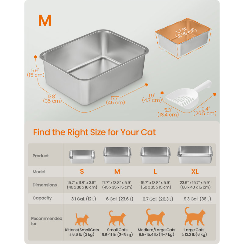 Boxal Stainless Steel Litter Box, 15cmH x 35cmW x 45cmD