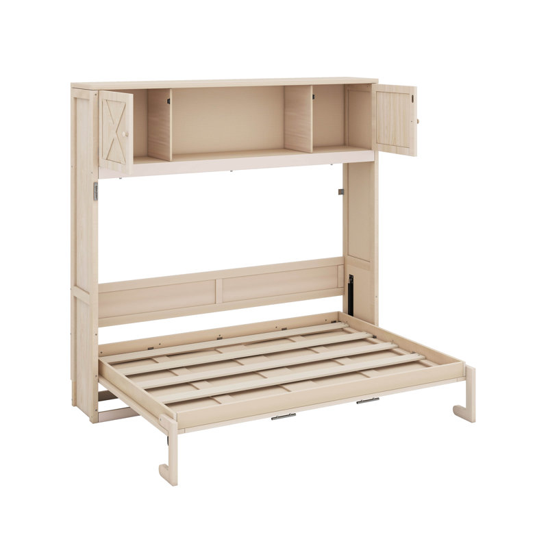 Grand lit escamotable avec armoires de rangement, Beige