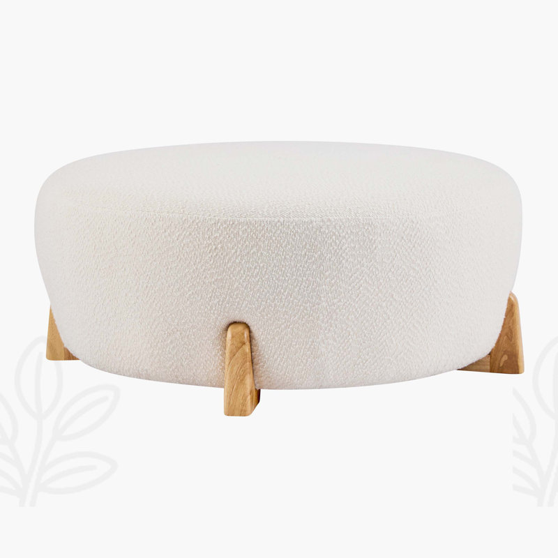 Naya Modern Boucle Upholstered Round Ottoman With Solid Rubberwood Legs, Natural, White