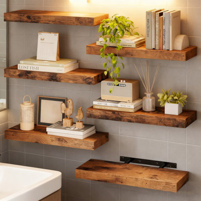 Ensemble de 6 tablettes flottantes de 15,8 pouces, tablettes murales en panneau de fibres à densité moyenne à grain de bois avec supports cachés, étagères rustiques de ferme pour décor de cuisine de chambre à coucher de salle de bain