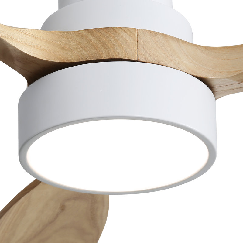 Ventilateur de plafond moderne à 3 pales Nicola, Blanc avec pales en bois noueux