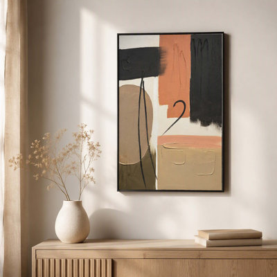 Ensemble de 2 peintures murales abstraites encadrées et texturées, empasto, dans des tons de noir beige et de terre cuite