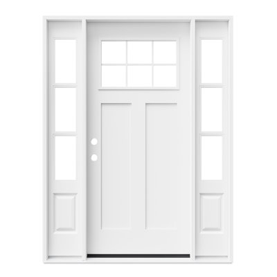 Porte extérieure en fibre de verre 36 po x 80 po, apprêt blanc, 6 carreaux en partie supérieure en verre clair, porte en fibre de verre à double imposte fixe blanche, porte à 3 carreaux en verre clair avec chambranle, ouverture vers l'intérieur à droite (quincaillerie non incluse)
