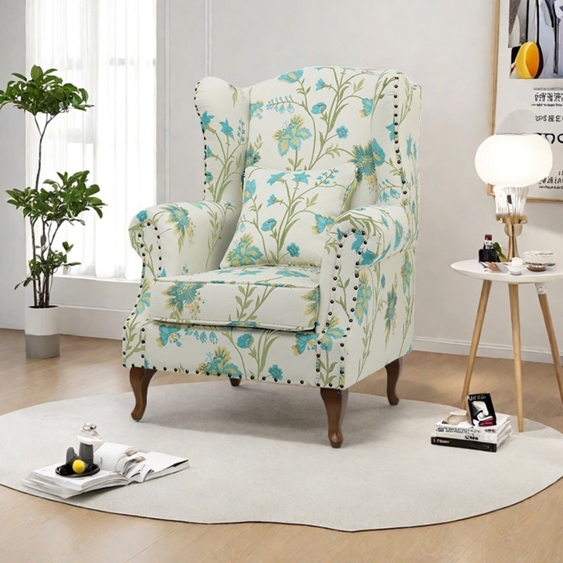 Chenille jacquard and studded recliner, Beige/Cyan