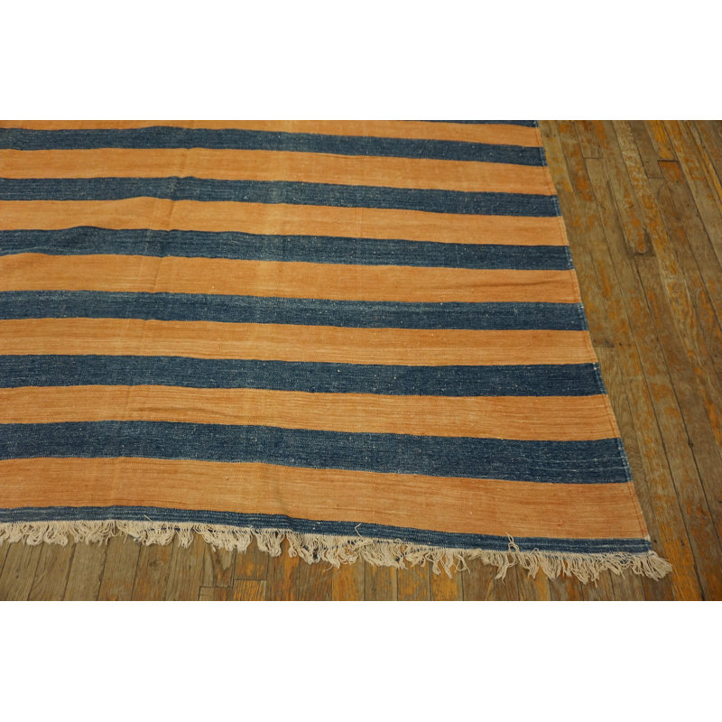 Rustic Antique Geometric Stripes Room Size Indian Cotton Dhurrie Rug