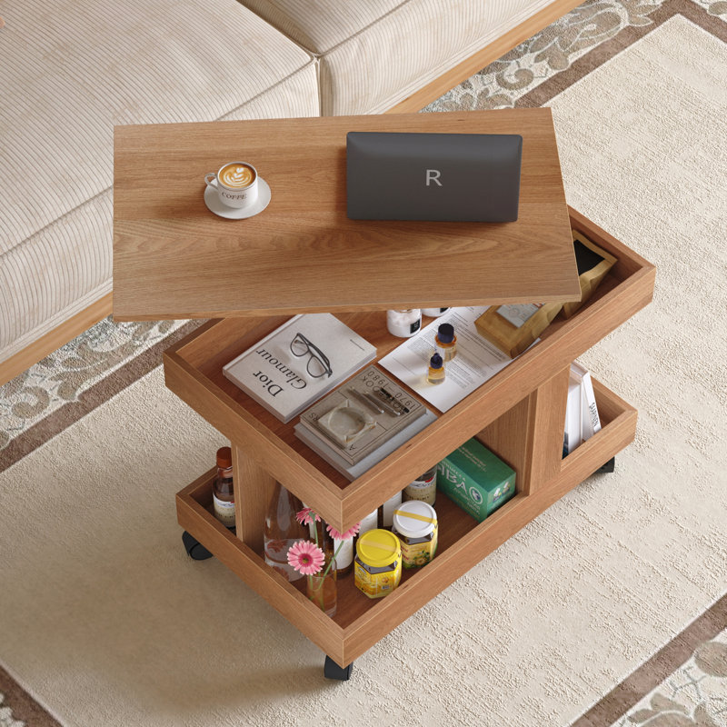 Small Coffee Table with Wheels, 360° Rotating Desktop Multi-Functional Side Table, Natural