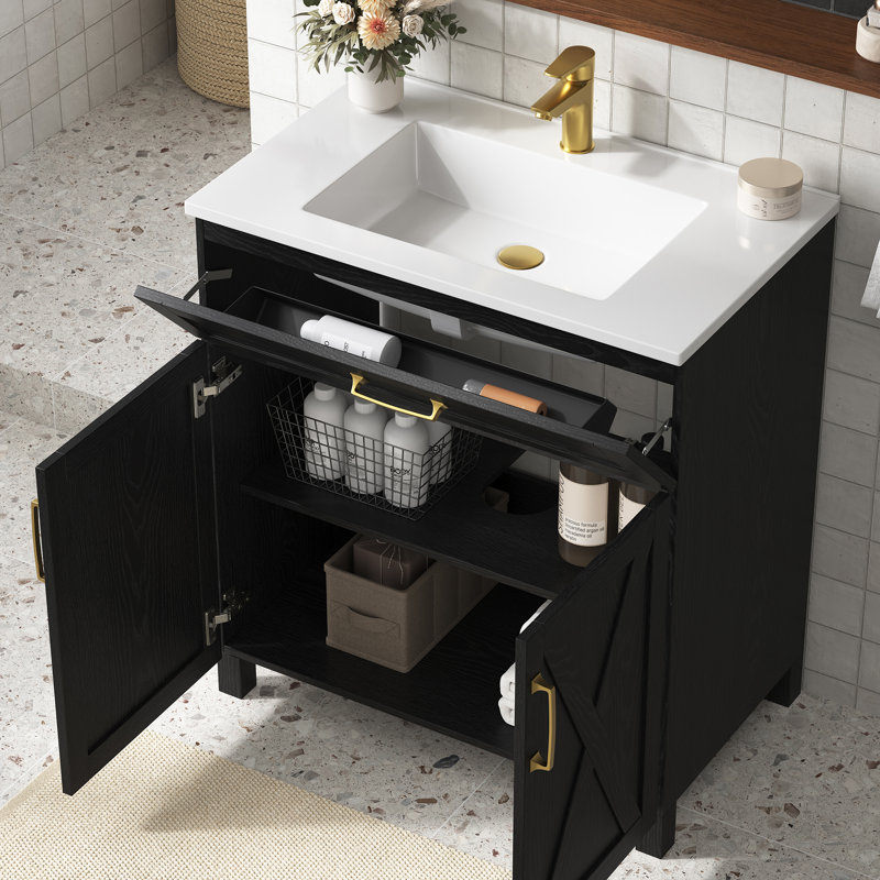 Ensemble de meuble-lavabo autoportant en chêne noir avec plateau en composite Arvie