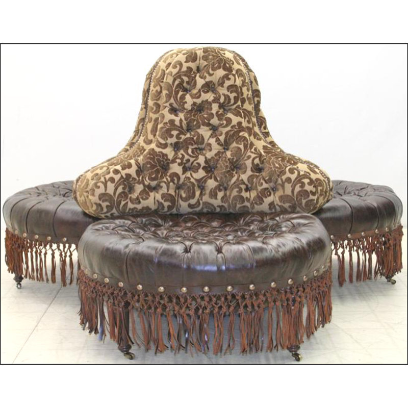 Round Leather Ottoman, Africa Antique Red, French Dark Cherry, Natural