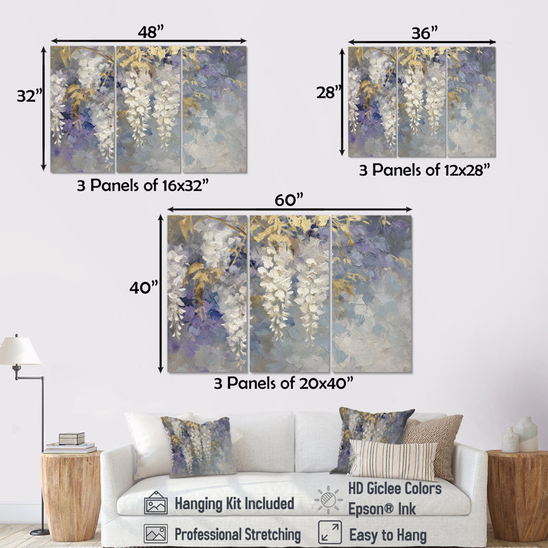 Ensemble de reproductions d'art murales blanches Wisteria, Toile tendue, H 40 po x l 60 po x P 1 po