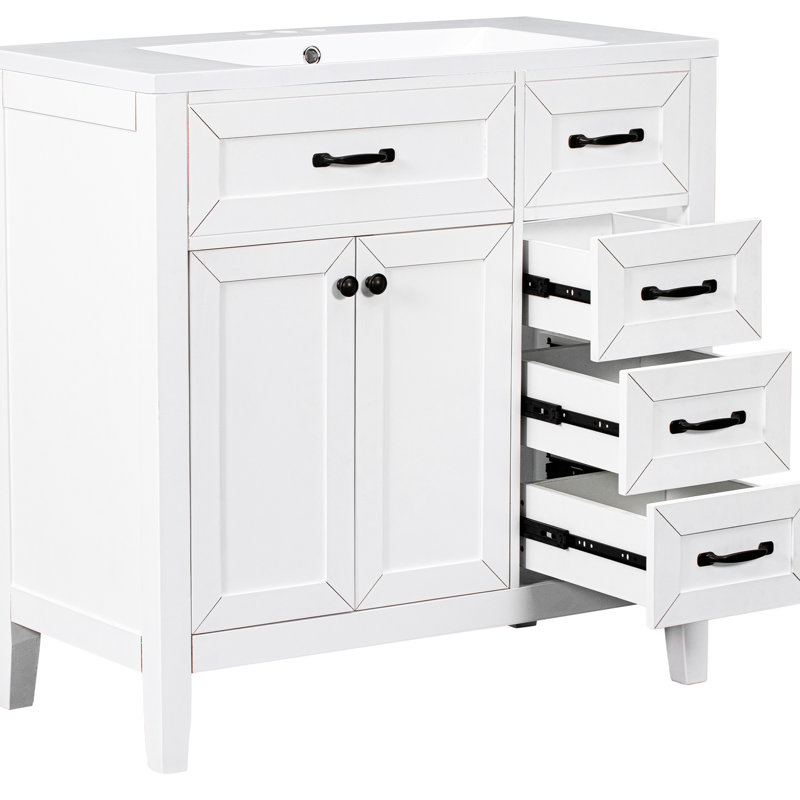 Meuble-lavabo de 36 po, couleur blanche, lavabo en bois massif et céramique, tiroirs à savon, finition peinte avec armoire, structure en caoutchouc, planche, trois tiroirs,