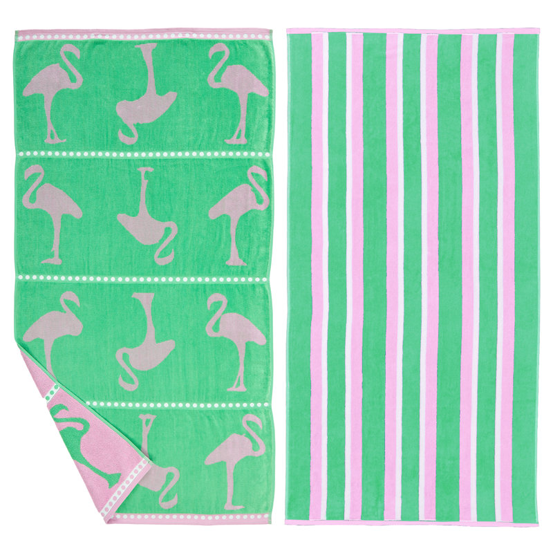 Ensemble de serviettes de plage 100% coton, Vert / rose
