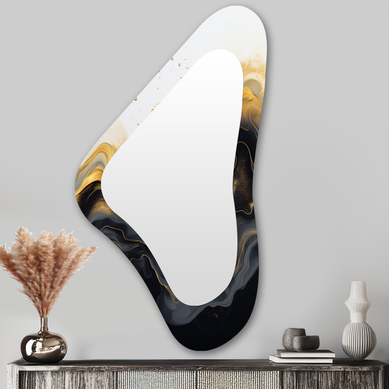 «Dilly» or et marbre noir Essence II - miroir de forme unique en marbre, miroir mural décoratif asymétrique doré, impression d'art en métal