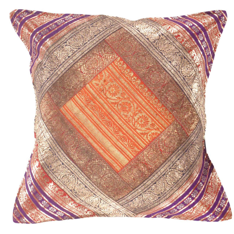 Taie d'oreiller carrée en soie rétro 16 "Sari, Patchwork affleurant orange