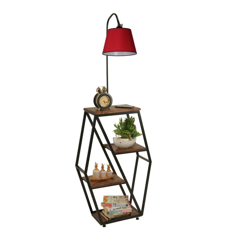 Lampe sur pied rouge élégante avec bibliothèque 100% bois de sapin Luro, 65 po Hauteur totale | Corps en métal durable, douille E27 (60 W maximum) | Éclairage de maison élégant pour le salon, la chambre à coucher et le bureau | Finition de peinture électrostatique séchée au four