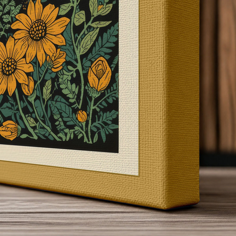 Tiger in the Flowers Botanical - Wrapped Canvas, 36x24 - 91.4 x 61.0 cm, Ochre Border