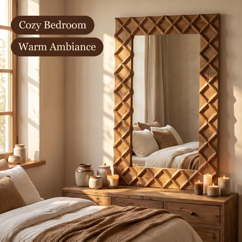 23.6" x 35.5" Hand Carved 3D Parquet Wood Wall Mirror, Rustic Farmhouse Rectangle Decor Mirror, Vertical & Horizontal Hanging Accent Mirror for Entryway Bedroom Living Room