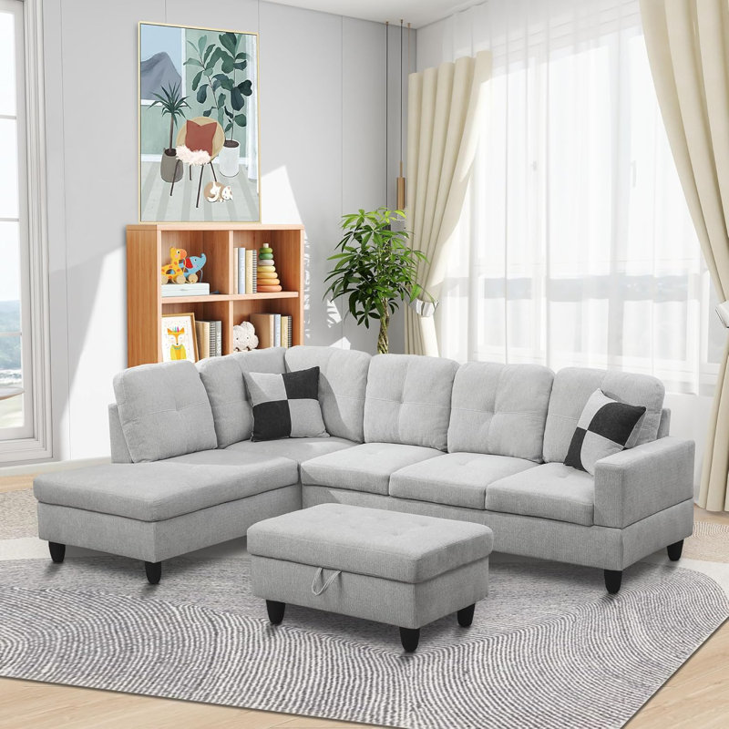 Quinnes Upholstered L-Shaped Sectional, Left Hand Facing, White Gray Linen