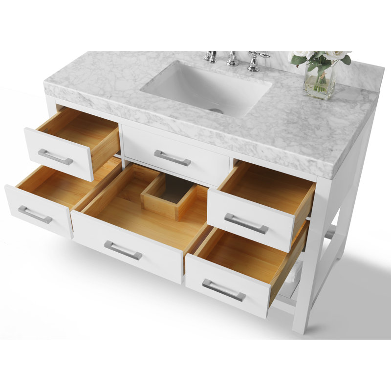 Ensemble de meuble-lavabo simple 48 po Carrie, Blanc / nickel brossé, Marbre blanc de Carrare