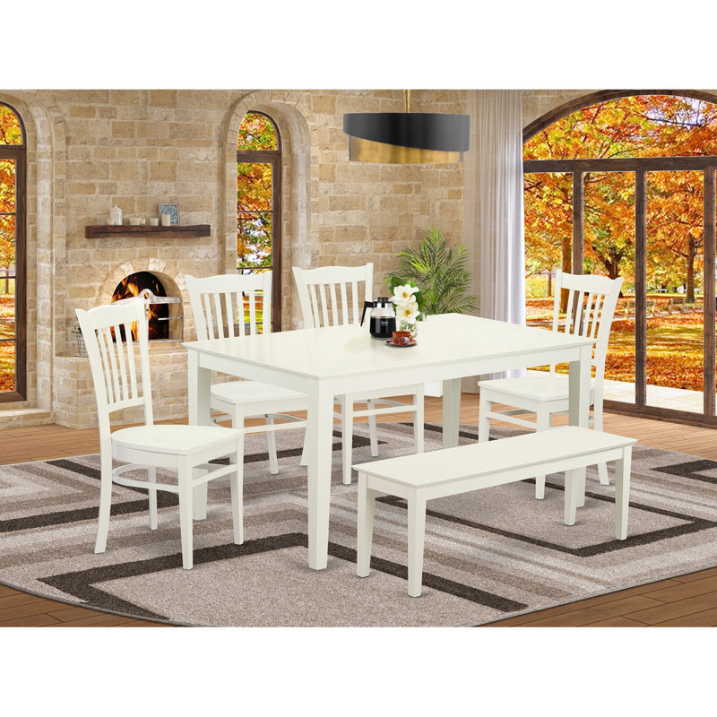 L'ensemble de salle à manger 6 pièces contient une table rectangulaire en bois massif et 4 chaises de cuisine avec banc, lin blanc