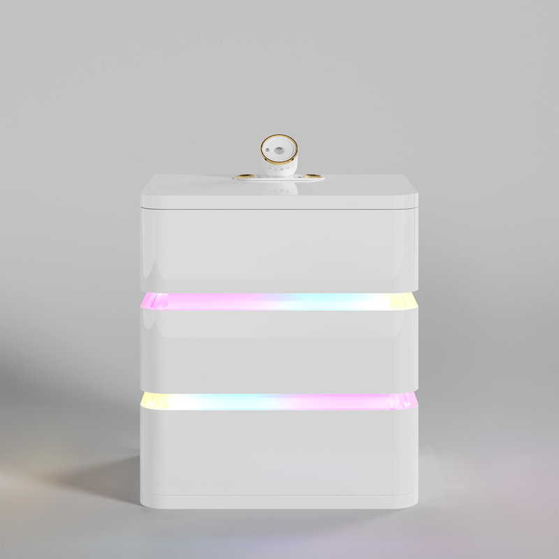 Fully Assembled 3-Drawer Nightstand with Charging Station and Motion Sensor RGB Light, Curved Profil, White