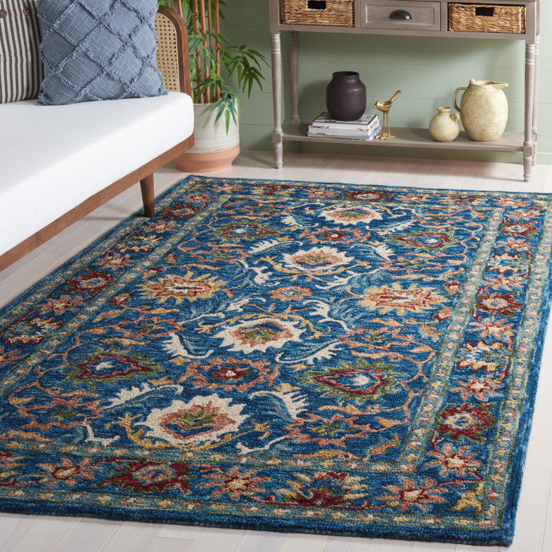 Tapis oriental en coton et laine bleu / vert Roshaunda, Rectangle 5 pi x 8 pi