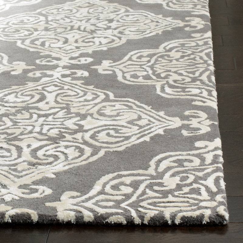 Bernon Hand Tufted Viscose/Wool Ikat Rug in Dark Gray, Rectangle 5' x 8'