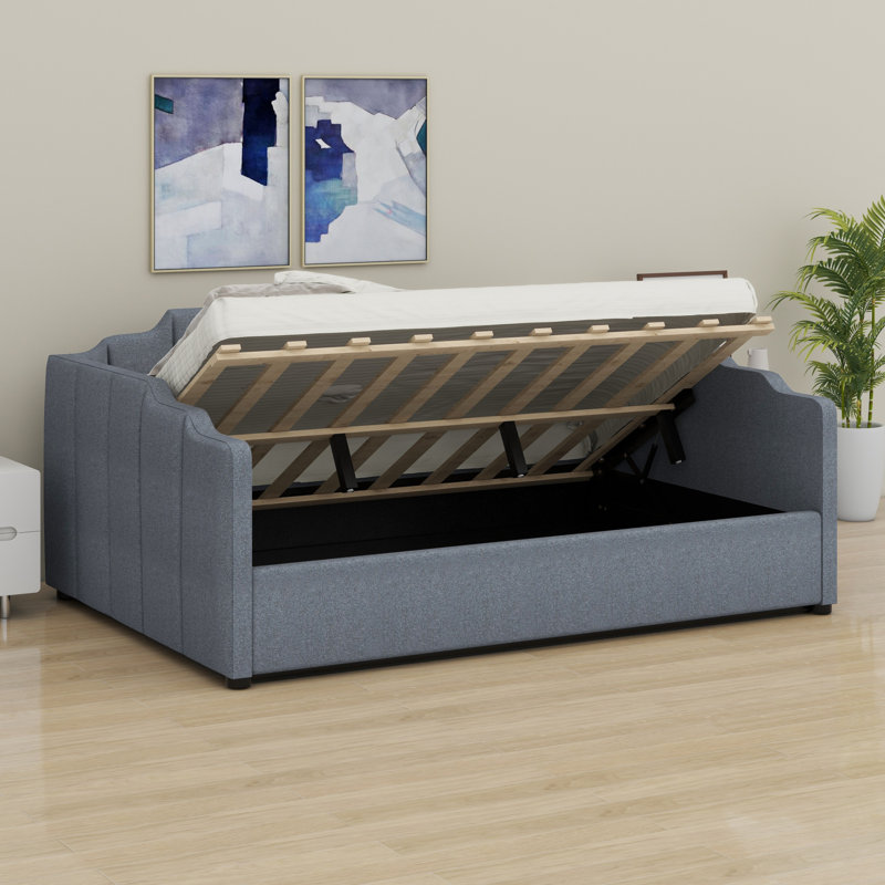 Lit de jour rembourré avec rangement inférieur, Gris, Lit double