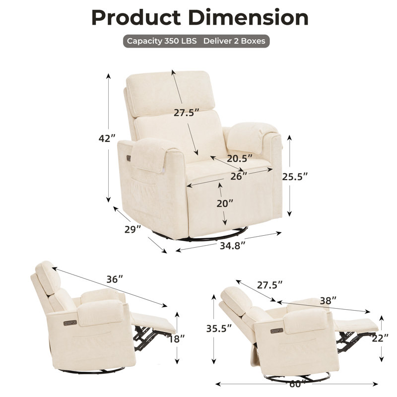 Oversized Power Recliner Chair, 26" Extra Wide Swivel Rocker Recliner with Adjustable Headrest, Chenille Glider Rocking Nursery Chair with Overstuffed Armrest, USB Ports，Cream