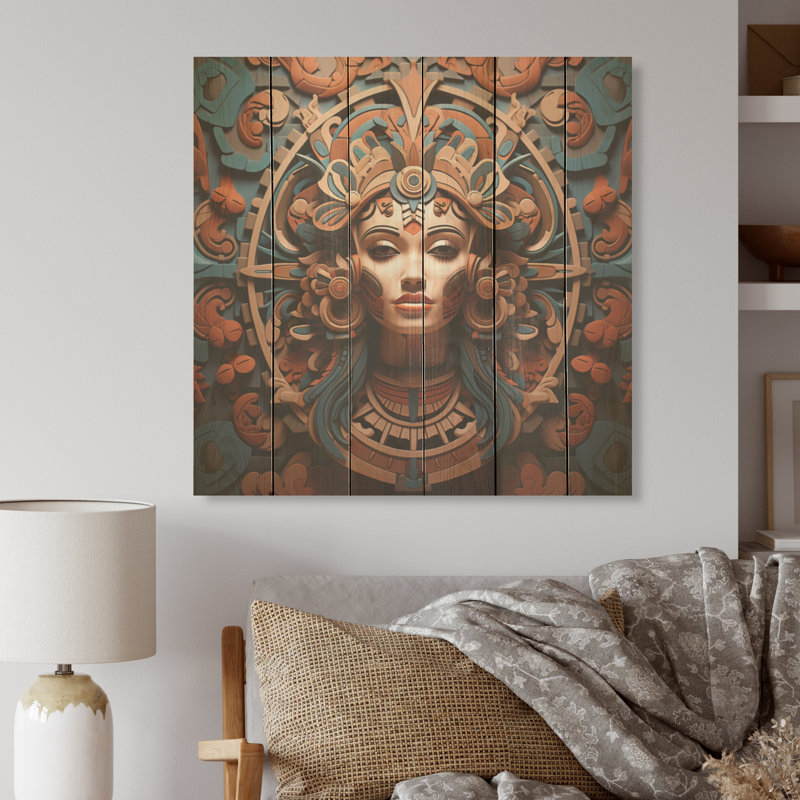 Masque méso-américain en terre cuite - Art mexicain, art mural sur bois de pin naturel, H 30 po x l 30 po