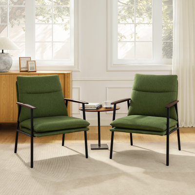 Fabric Upholstered Accent Armchair With Metal Frame And Wooden Armrests