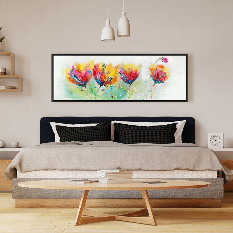 Quatre fleurs colorées - cadre jaune | Décoration intérieure