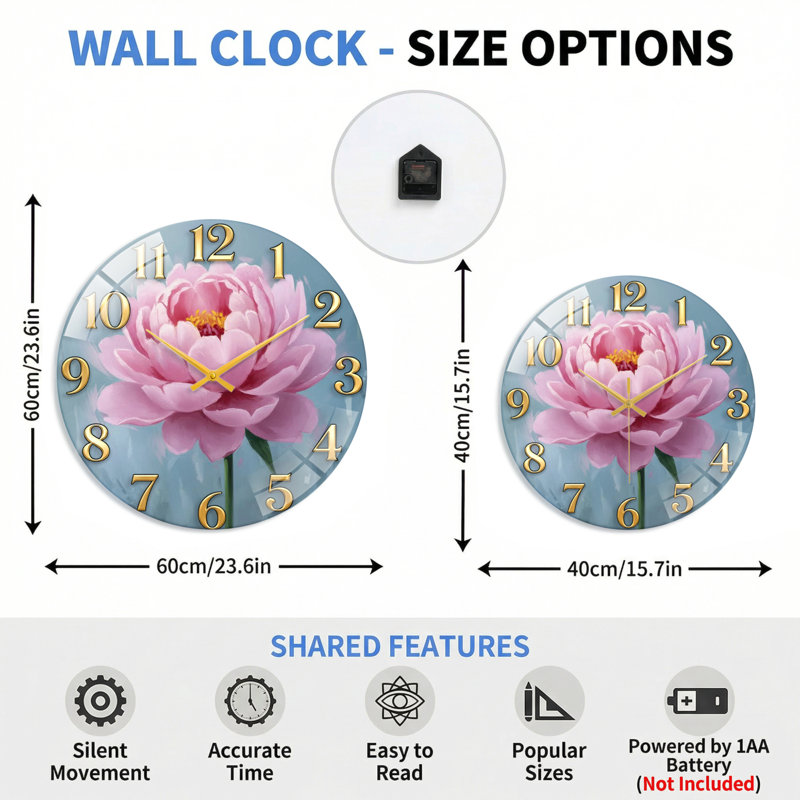 Horloge florale, 60 x 60 cm (23,6 x 23,6 pouces)