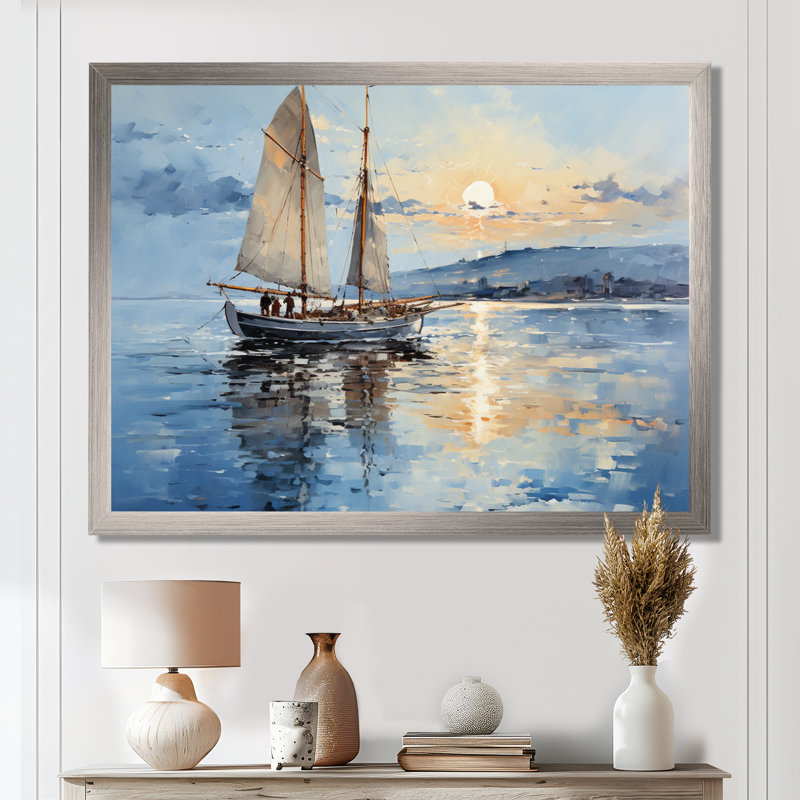 Bateau, voile, reflets I - art encadré de bateau côtier, H 34 po x l 44 po x P 1,5 po, Cadre flottant brun