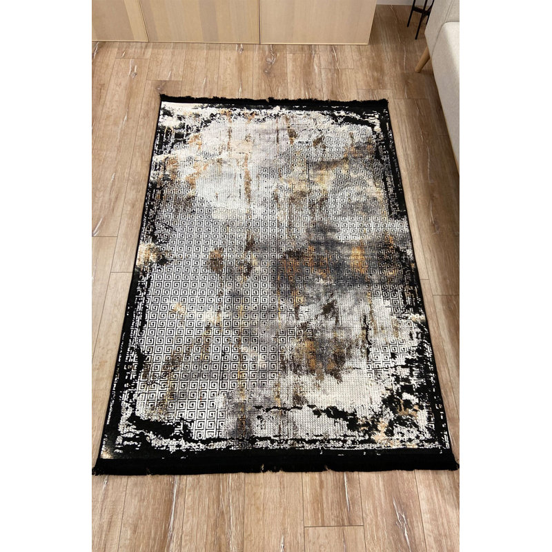 Tapis noir à motif blanc, Rectangle 4 pi 11 po x 7 pi 6 po