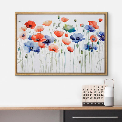 Rouge et bleu, coquelicots, bonheur, aquarelle, art floral, botanique, moderne, détente, chambre à coucher, décor