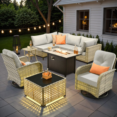 Emroy 6 - Person Outdoor Wicker Sectional Seating Group with Lighted Coffee Table and Swivel Chairs, All Weather Modular Rattan Conversation Set with Cushions