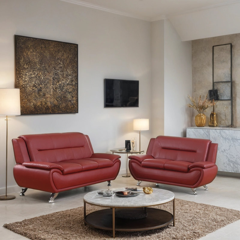 79'' Faux Leather Minimalist Sofa, Red, 36" H x 61" W x 35.5" D