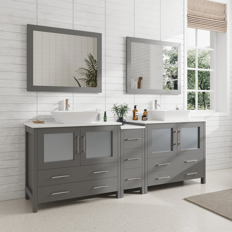  Wooden 84" Freestanding Double Sink Bathroom Vanity with Engineered Marble Top and Matching Mirrors, Gray